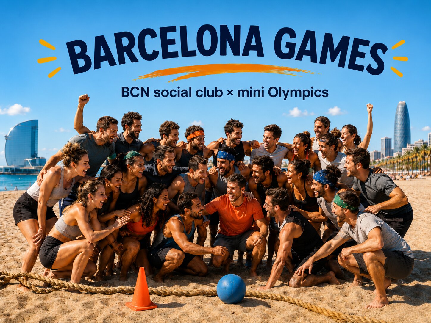 Barcelona Games. The full crew on Platja del Fòrum with the W Hotel and Torre Glòries behind them, branded BARCELONA GAMES poster across the sky.